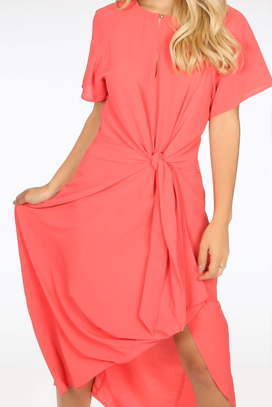 Coral Tie Up Waist Wrap Dress