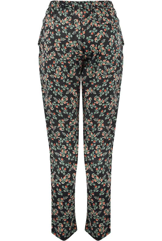 Black Floral Print Tie Up Trousers