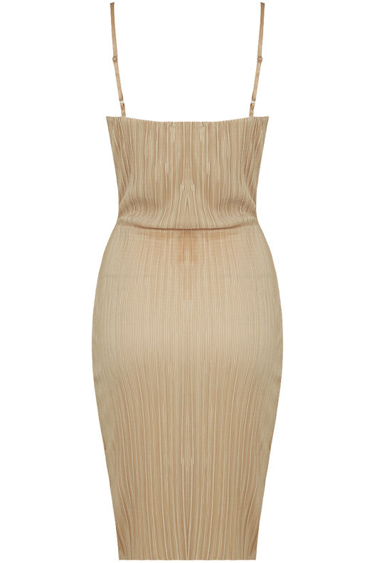 Beige Crinkle Cross Over Bodycon Dress