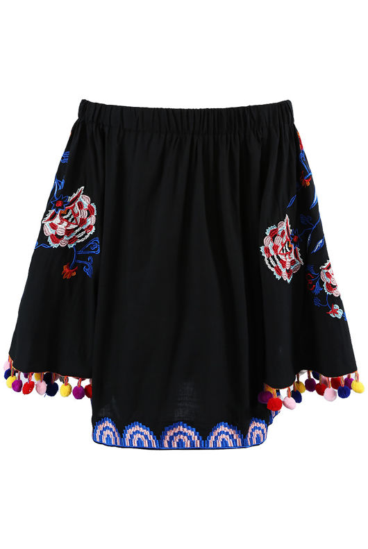 Black Off Shoulder Embroidered Pom Pom Blouse