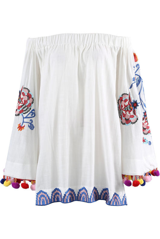 White Off Shoulder Embroidered Pom Pom Blouse