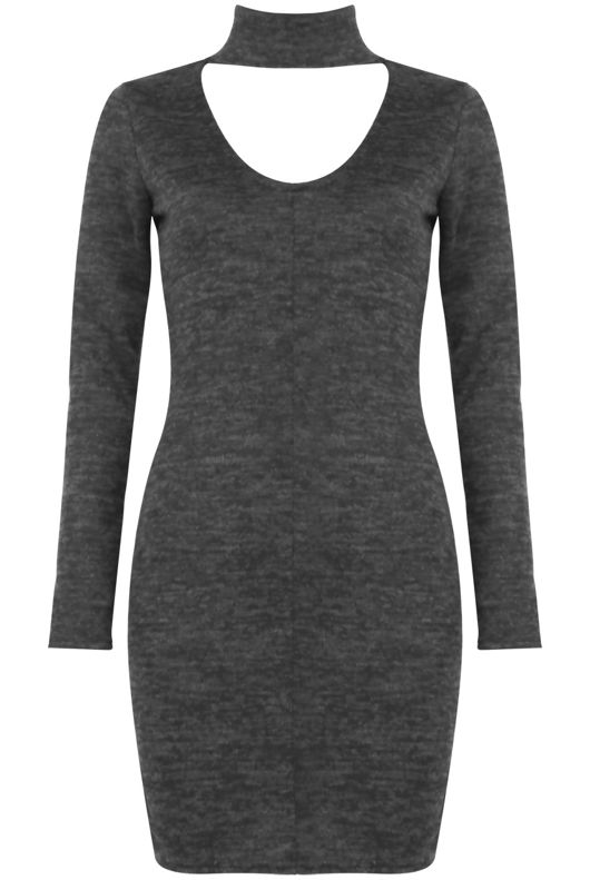 Navy and Grey Choker Neck Long Sleeves Bodycon Dress
