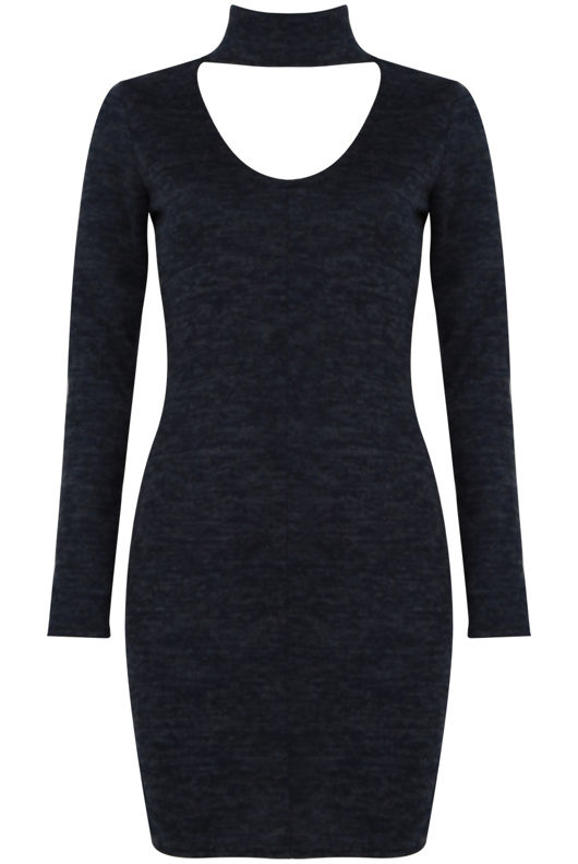 Navy and Grey Choker Neck Long Sleeves Bodycon Dress
