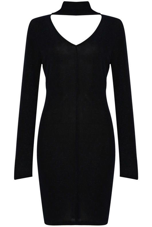Navy Lurex Choker Neck Bodycon Dress