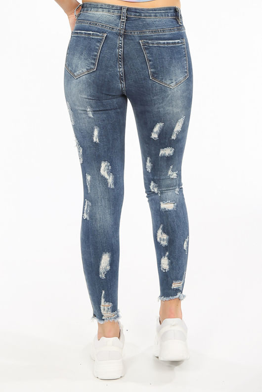 Denim Blue Frayed Ripped Skinny Jeans