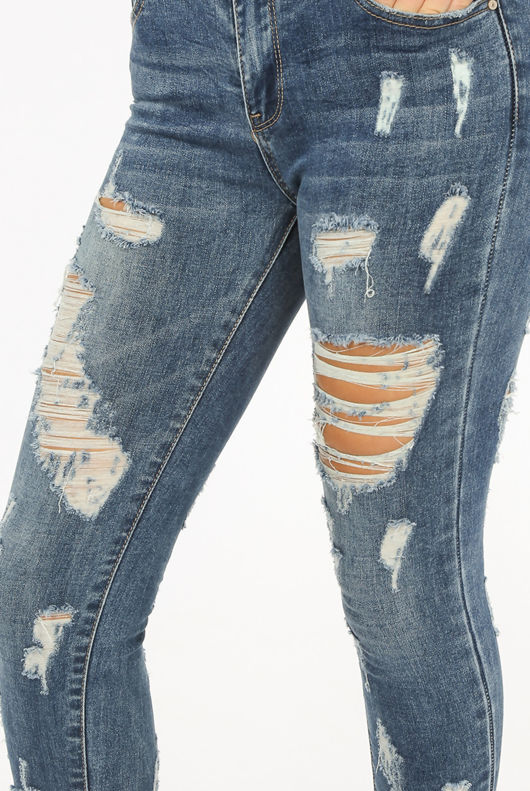 Denim Blue Frayed Ripped Skinny Jeans