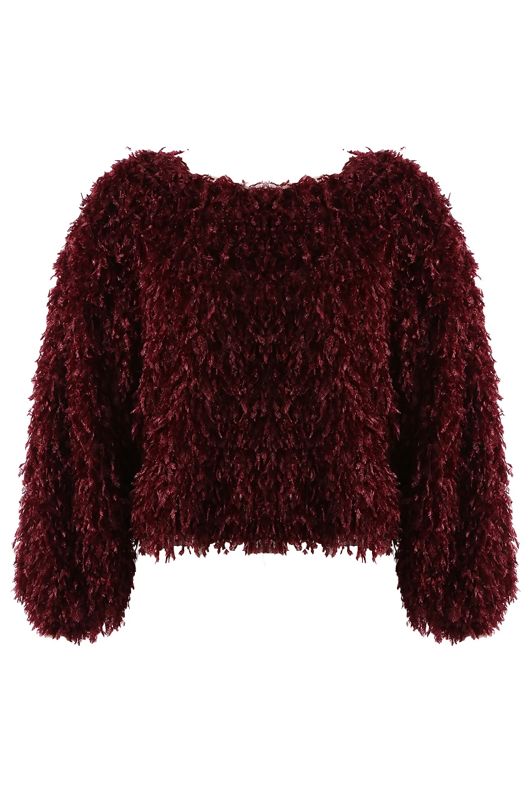 Wine Feather Look Round Neck Top