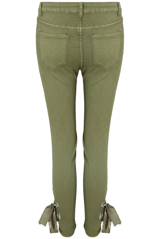 Ankle Lace Tie Up Stretch Skinny Light Khaki Jeans