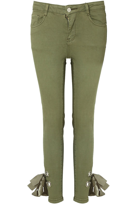Ankle Lace Tie Up Stretch Skinny Light Khaki Jeans