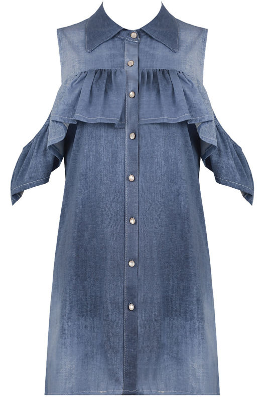  Blue Denim Cold Shoulder Shirt Dress