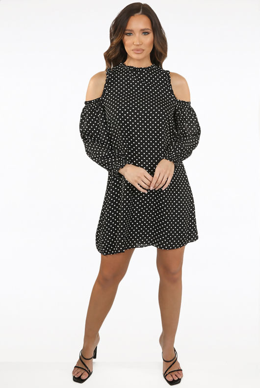 Black Contrast Polka Dot Shift Dress