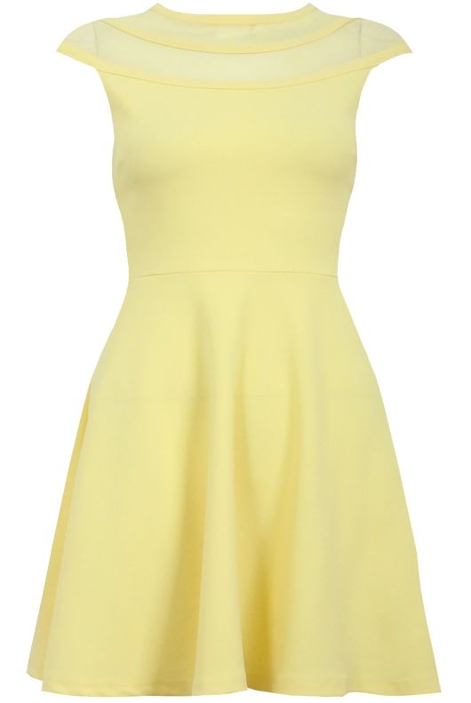 Yellow Block Colour Netted Side Zip Up Flared Dress