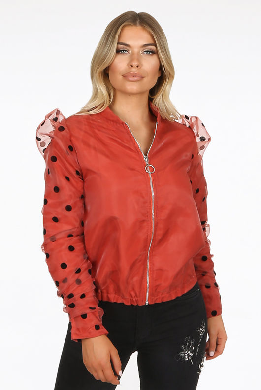 Rust Polka Dot Mesh Sleeve Bomber Jacket 