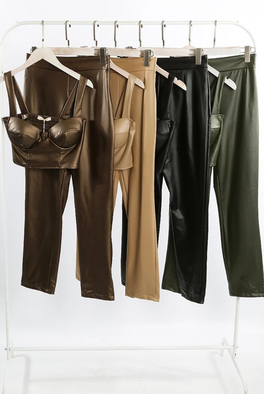 Black PU Crop Top And Trouser Set