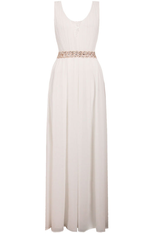 White Front Lace Pleated Trimming Back Zip Up Maxi Dress 