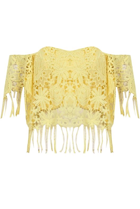 Yellow Floral Lace Off the Shoulder Tasselled Top