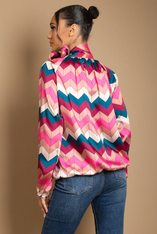 Pink Wavy Tie Neck Blouse 