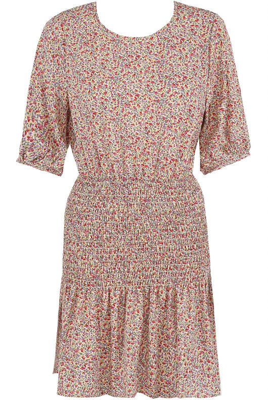 Beige Floral Mini Dress With Gatherings