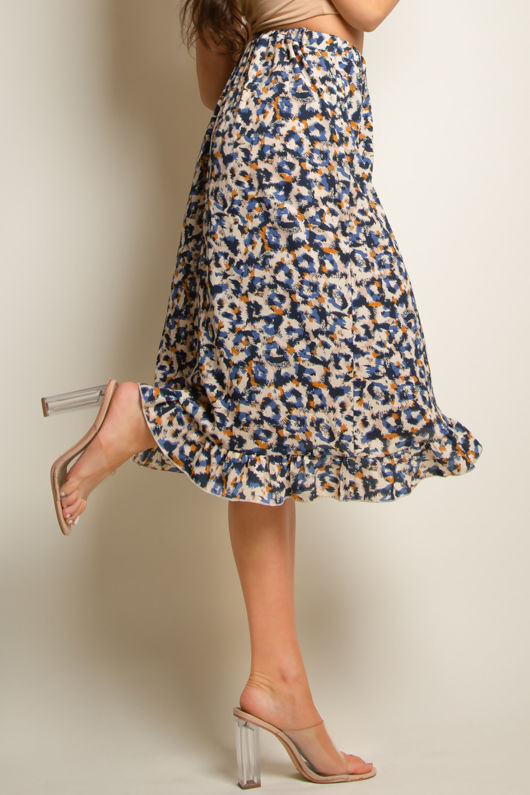 Blue Animal Print Wrap Midi Skirt