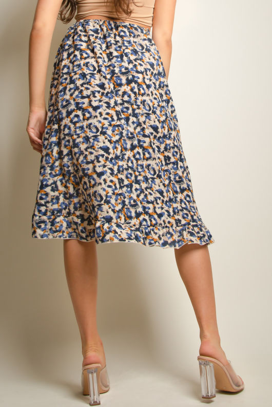 Blue Animal Print Wrap Midi Skirt