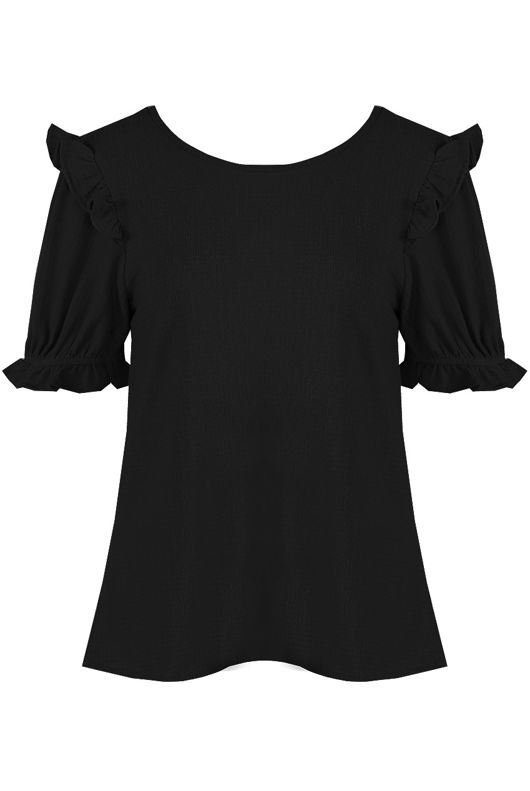 Black Frill Sleeve Round Neck Top