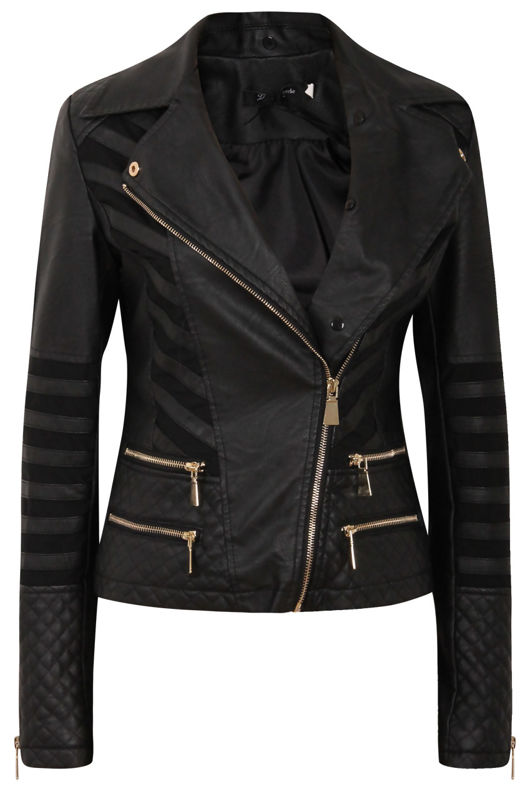 Black PU Stretch Patch Fur Jacket 