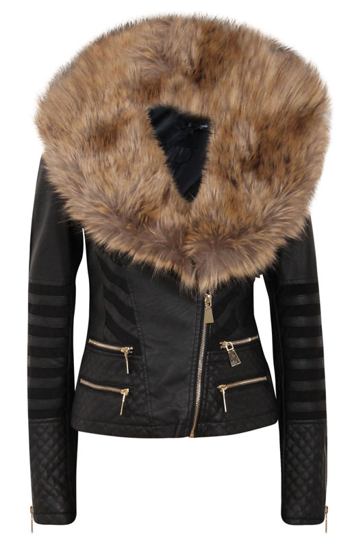 Black PU Stretch Patch Fur Jacket 