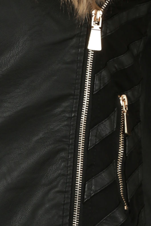 Black PU Patch Work Golden Fur Collar Long Jacket