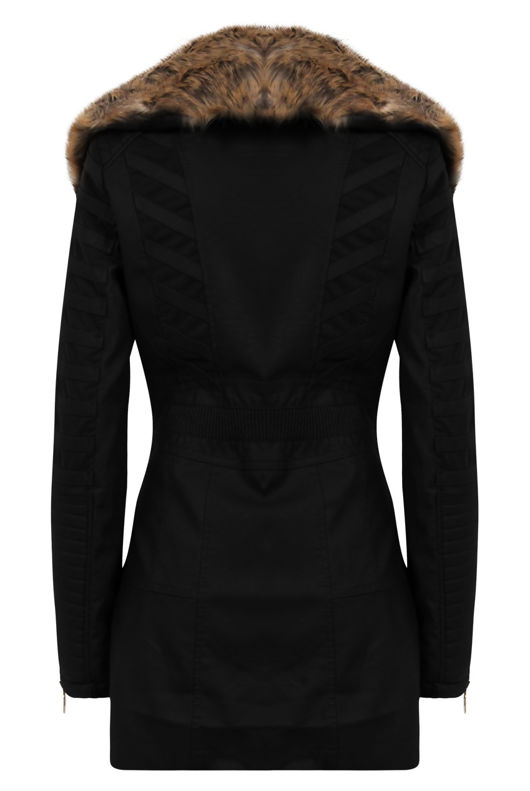 Black PU Patch Work Golden Fur Collar Long Jacket