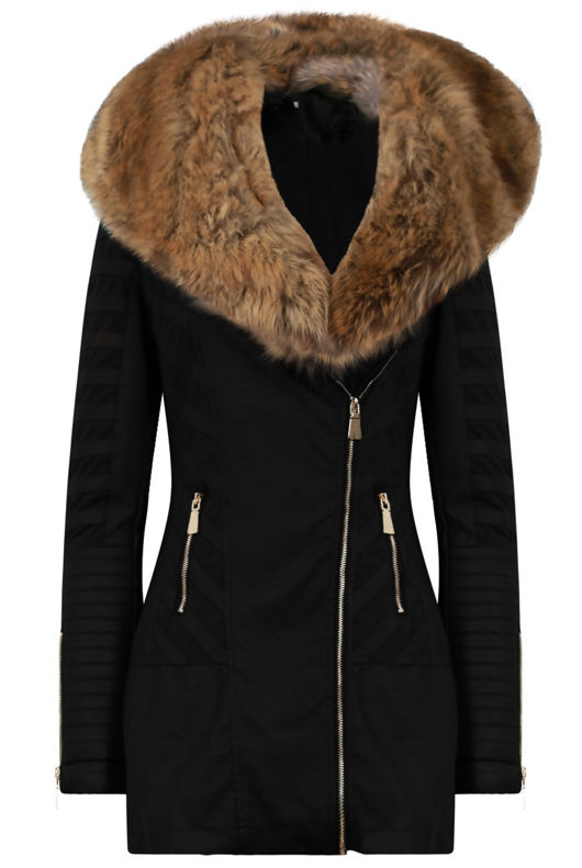 Black PU Patch Work Golden Fur Collar Long Jacket