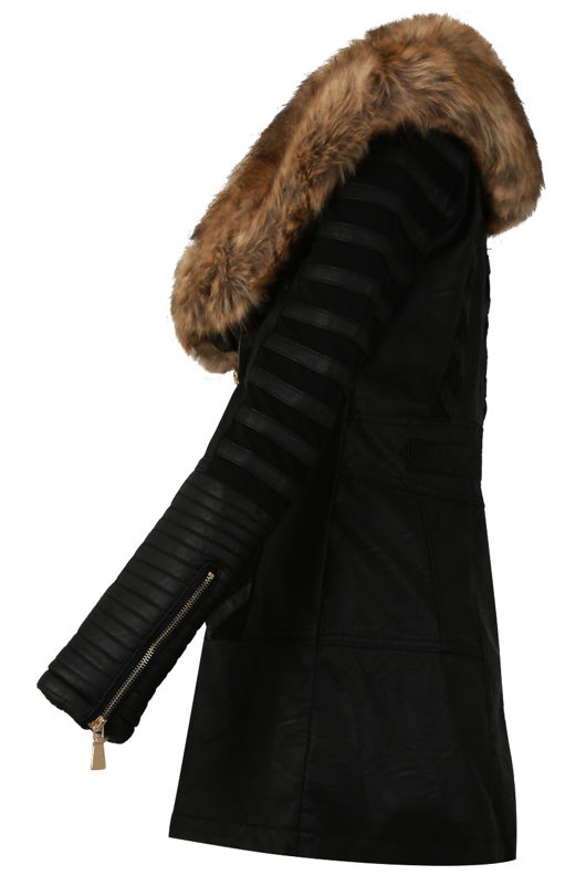 Black PU Patch Work Golden Fur Collar Long Jacket