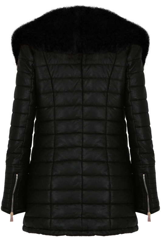 Black Fur Collar Padded PU Black Jacket 