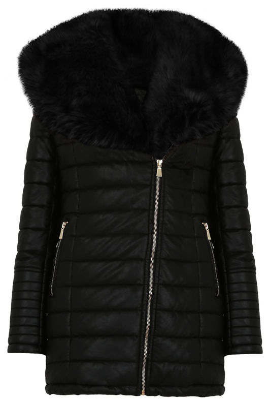 Black Fur Collar Padded PU Black Jacket 