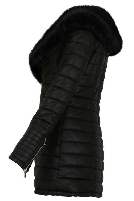 Black Fur Collar Padded PU Black Jacket 