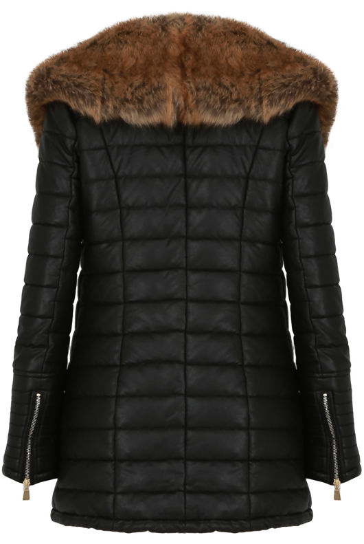 Golden Fur Collar Padded PU Black Jacket 
