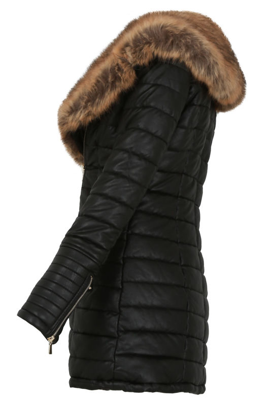 Golden Fur Collar Padded PU Black Jacket 