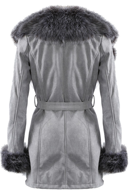 Suede Fur Trim Longline Tie Up Coat