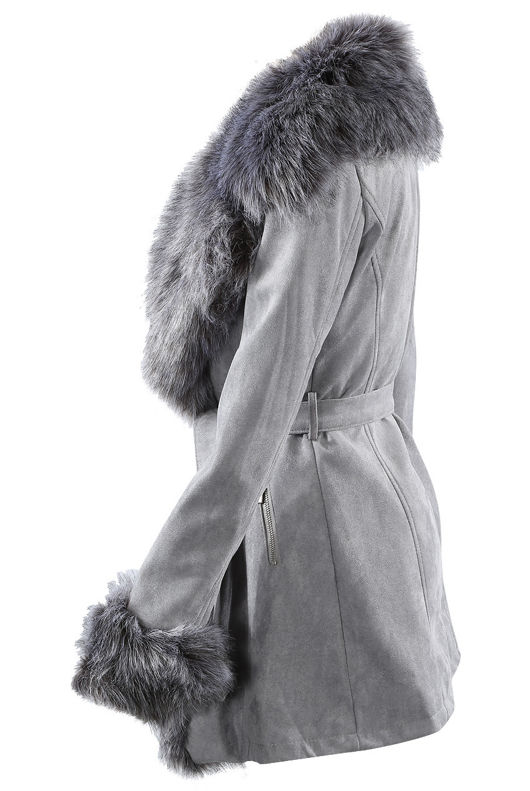 Suede Fur Trim Longline Tie Up Coat