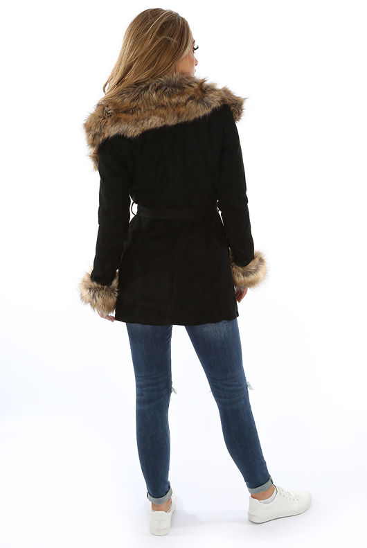 Black Suede Fur Trim Longline Tie Up Coat