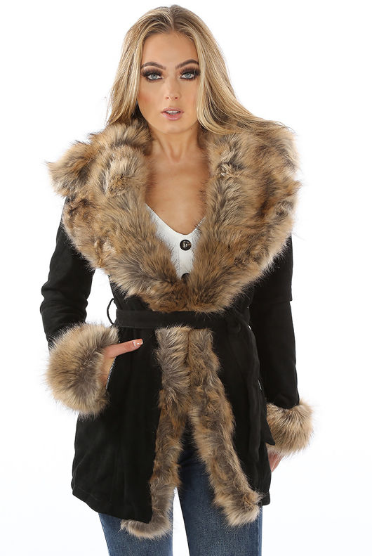 Black Suede Fur Trim Longline Tie Up Coat