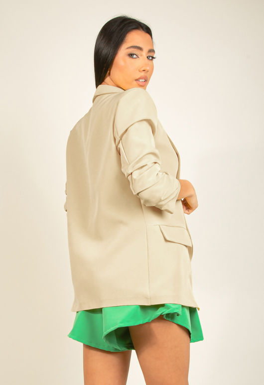 Beige Plain Ruched Sleeve Open Blazer