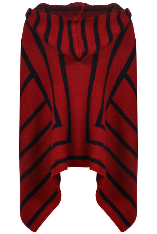 Red With Navy Striped Knitted Poncho 
