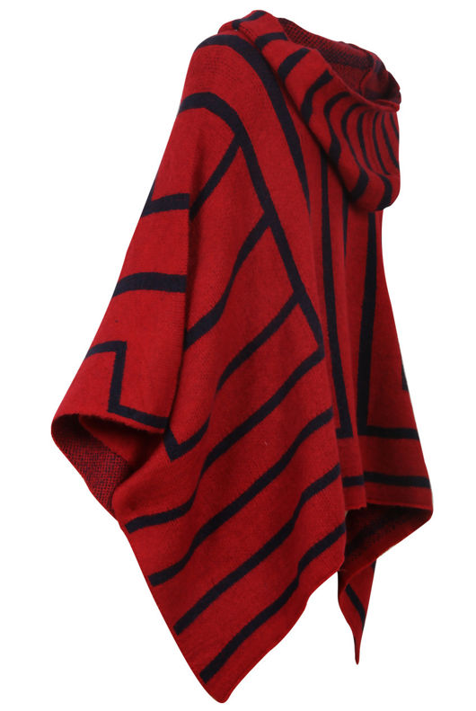 Red With Navy Striped Knitted Poncho 