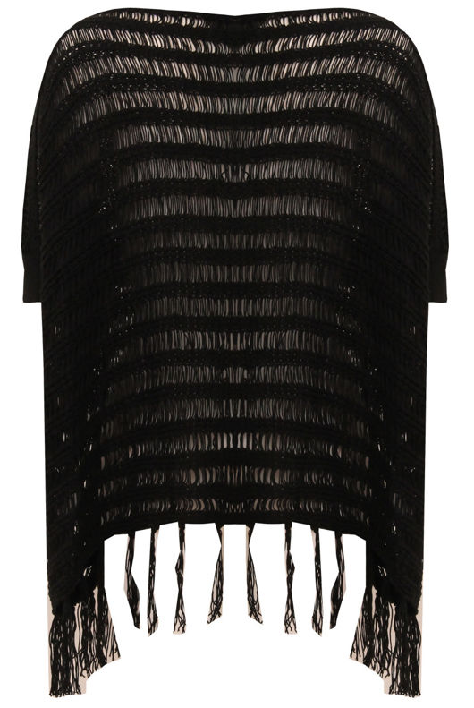 Black Loose Knit Tassel Trim Slouch Oversize Short Sleeved Jumper