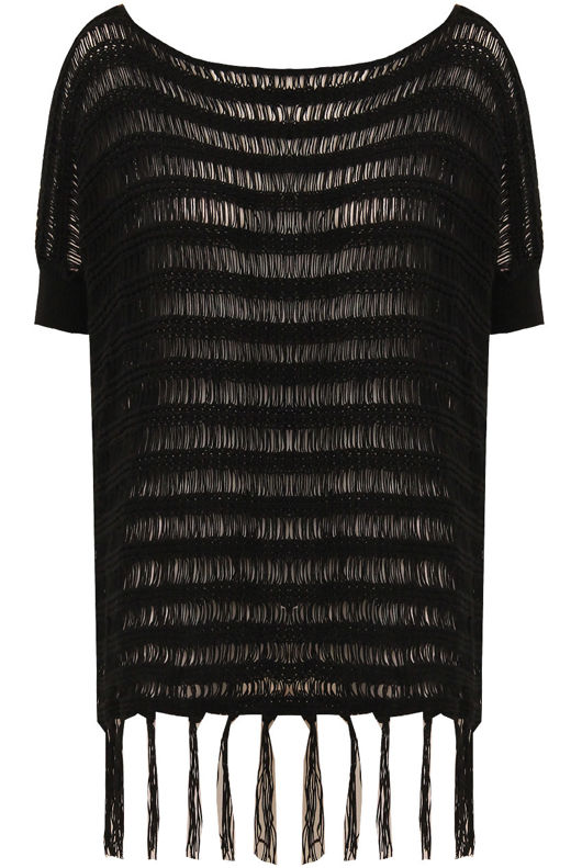 Black Loose Knit Tassel Trim Slouch Oversize Short Sleeved Jumper
