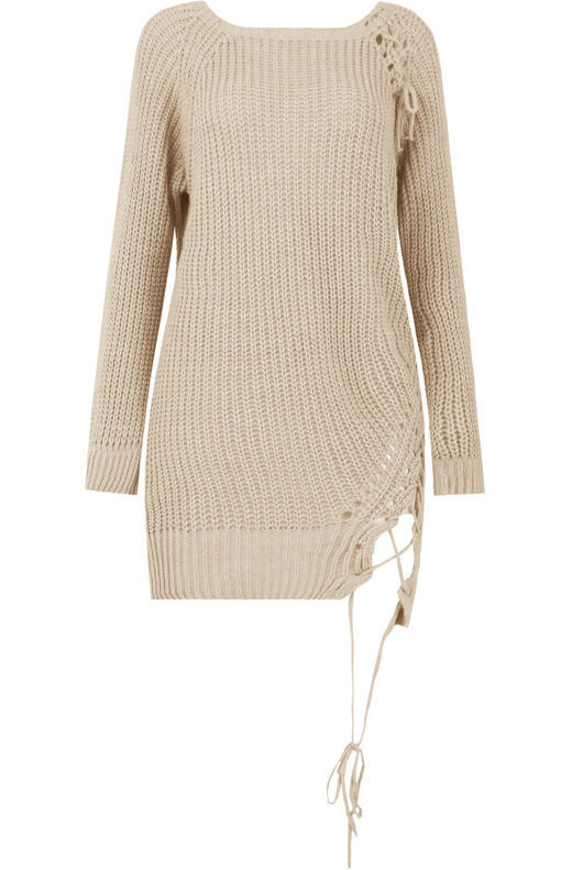 Beige Longline With Lace Up Ripped Jumper
