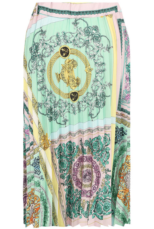 Green Scarf Print Pleated Midi Skirt