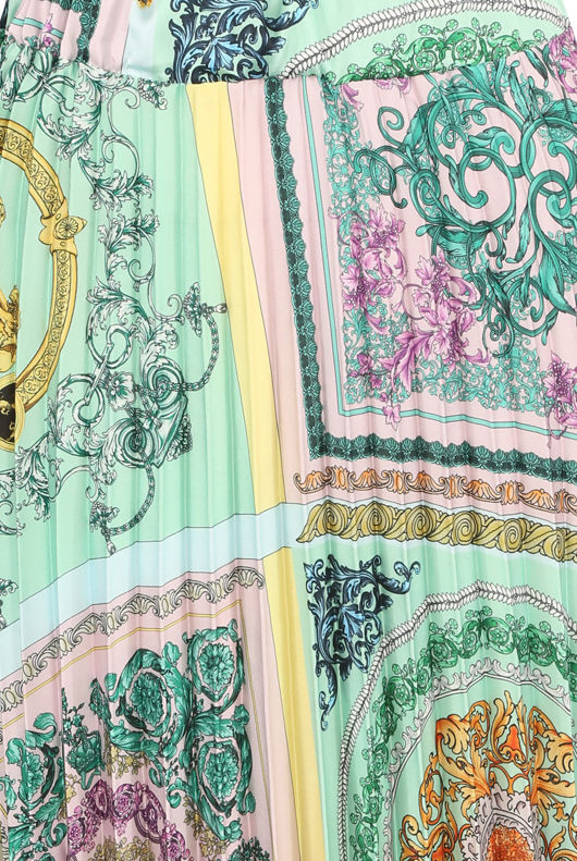 Green Scarf Print Pleated Midi Skirt