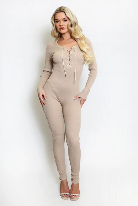  Taupe Diamante Tie Knitted Unitard