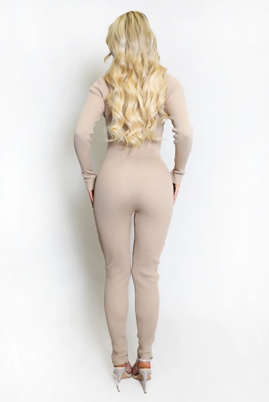  Taupe Diamante Tie Knitted Unitard